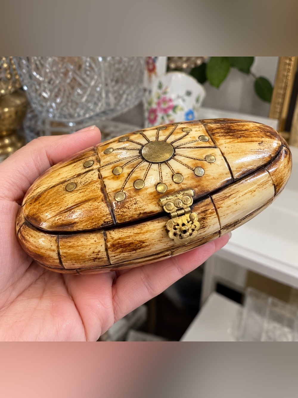 Antique Oval Inlaid Jewelry Box Blue Velvet Interior